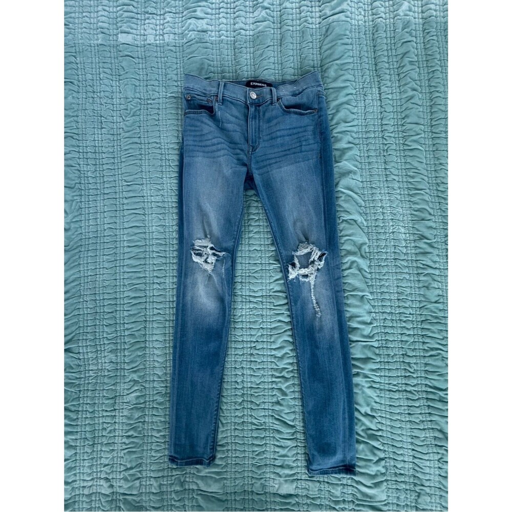 Express Women's Skinny Jeans in Medium Blue with Knee Rips-8R